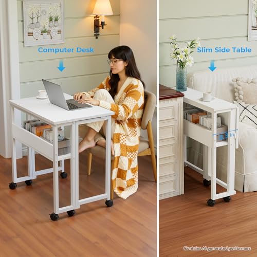 Image of GreenForest Folding Desk with Wheels, 24.8 Inch Compact Rolling Computer Table with Storage Shelf, Portable Mobile Workstation for Small Spaces, Easy Assembly, Pure White