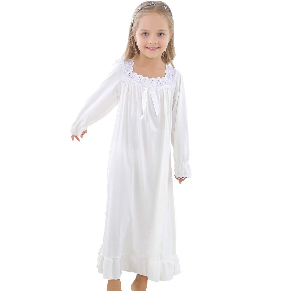 Chemise de Nuit Pyjama pour Fille 3-13ans Robe de Nuit à Manches Longues en Dentelle en Coton pour Enfant