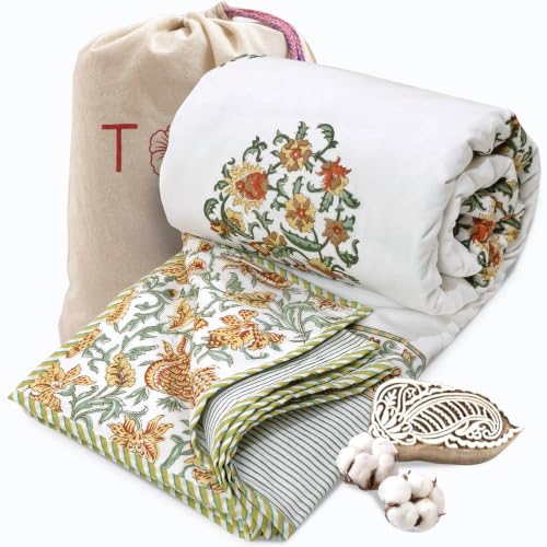 Image of TOAIArt Premium Jaipuri Dohar | AC Blanket Summer Quilt | Hand Block Printed | 3 Layers | Reversible | 150GSM 100% Mulmul Cotton | 100% Cotton Flannel Filling | King 108 inch X 90 inch|Earthy Mugal Motif