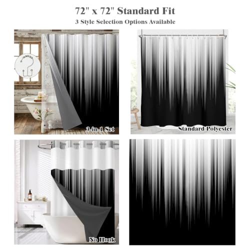 Image of AAtter 3 in 1 Black White Gothic Shower Curtain Set, 72x72 Inch, 12 Hooks | Polyester Fabric with PEVA Liner, Dark Grey Ombre Pattern, Modern Abstract Style, Standard Bathroom Decor for Men