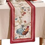 patdrea Designer Farmhouse Linen Table Runner, Rustic Cottage Mauve with Rooster and Floral Pattern Fabric Table Mat, Decoration for Kitchen Dining Coffee Table Banquet Christmas , 12