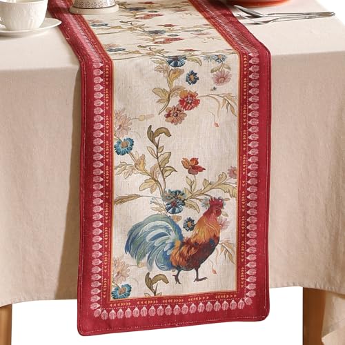 patdrea Designer Farmhouse Linen Table Runner, Rustic Cottage Mauve with Rooster and Floral Pattern Fabric Table Mat, Decoration for Kitchen Dining Coffee Table Banquet Christmas , 12