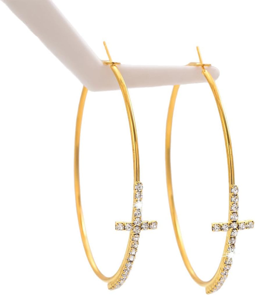 Rhinestone Cross Hoop Earrings for Women Sparkly Earrings Exaggerated Prom Earring Large Rhinestones Round Hoop Earrings Trendy Prom Wedding Jewelry - Image 4