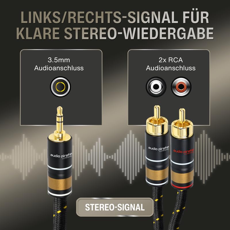 audio pirates by cammica kabel rozdzielający 3,5 mm wtyczka jack na 2 x wtyk RCA, kabel RCA, kabel audio | High-End kabel audio z metalową obudową i złotymi stykami (10 metrów)