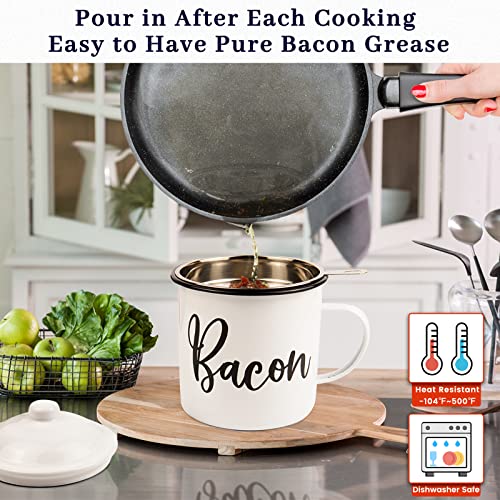 Image of Bacon Grease Container with Strainer - With Food-Grade Silicone Spatula , 46oz Large Enamel Rustic Farmhouse Fat Container , Keeper , Recipes , Dishwasher Safe