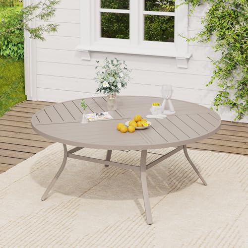 Image of VICLLAX 63 inch Round Outdoor Table, Patio Dining Table for 8-10 with Umbrella Hole for Garden Lawn Deck Backyard, Sandshell