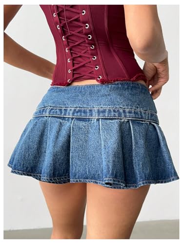 WDIRARA Women's Low Rise Pleated Mini Denim Skirt Y2k Buckle Jean Skirt3