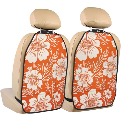 Floral Orange Large Flower Pattern Car Seat Back Kick Protectors,2 Pack Kick Mats With Storage Pockets For Vehicles To Protect From Dirt Mud Scratches