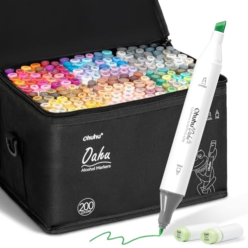 Ohuhu Marqueurs permanent à Double pointes 200 couleurs Surligneurs avec étui de transport pour le dessin Esquisse Coloriage pour adultes Soulignement et surlignement (200 Couleurs)