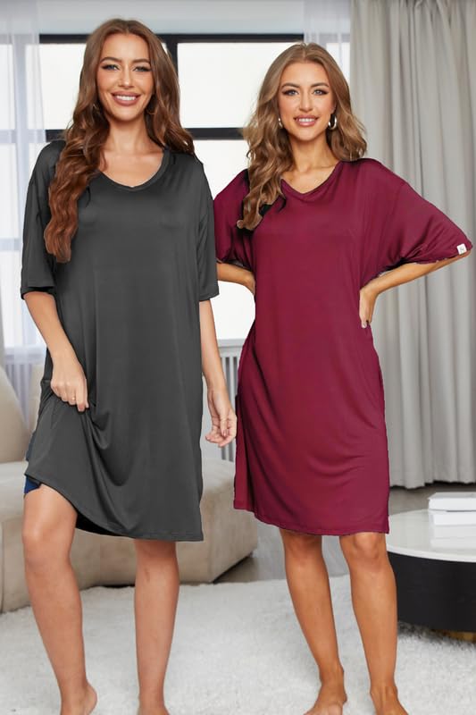 Image of ft FENTENG 2-Pack Women's Nightgowns Short Sleeve Nightshirt V Neck Soft Sleepwear Casual Sleepshirts Loose Pajama Dress