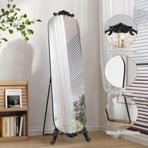 Image of Arched Full Length Mirror, 62 inchX20 inch Vintage Floor Mirror, Baroque Full Body Mirrors with Art Carved, Free Standing Leaning or Wall-Mounted Mirrors for Bedroom, Living Room, Entryway, Black