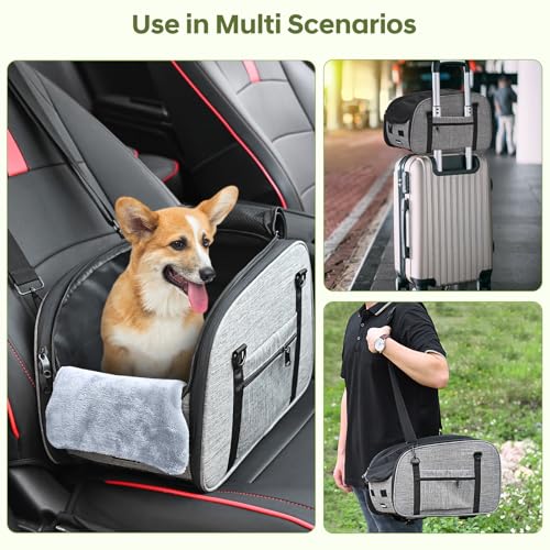 Petzauber Hundeautositz für Kleine Hunde – Hunde Autositz für Mittelkonsole, Tragbarer Hundesitz mit Doppeltem Sicherheitsgurt und Rutschfester Unterseite, Waschbarem Kissen, Lagerungstasche, Grau