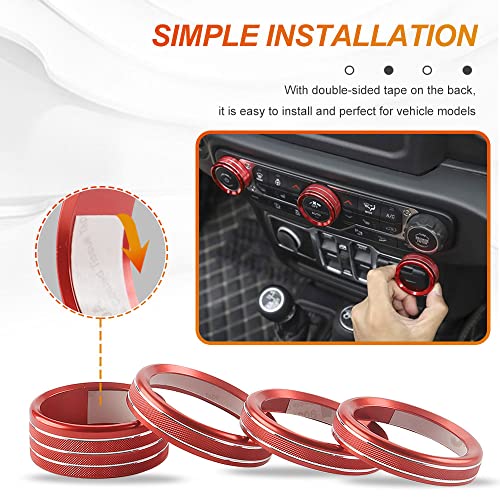 Chemini 4Pcs Jeep Wrangler Accessories Red Air Conditioner Headlight Switch Knob Cover Trim Compatible With 2018-2022 Jeep Wrangler Jl Jlu Gladiator Jt Accessories Aluminum Alloy Ring #TOP4