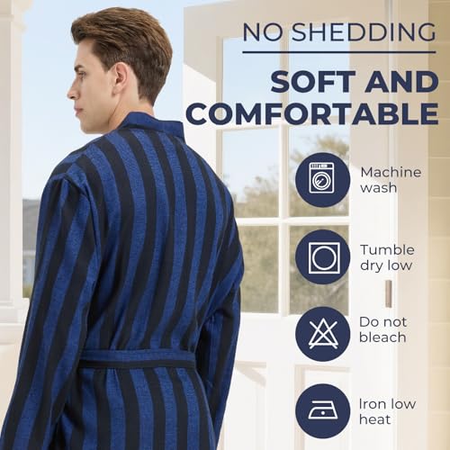 Men's Cotton Bathrobe Mid Length Big and Tall Kimono Collar Plaid Men Robe4