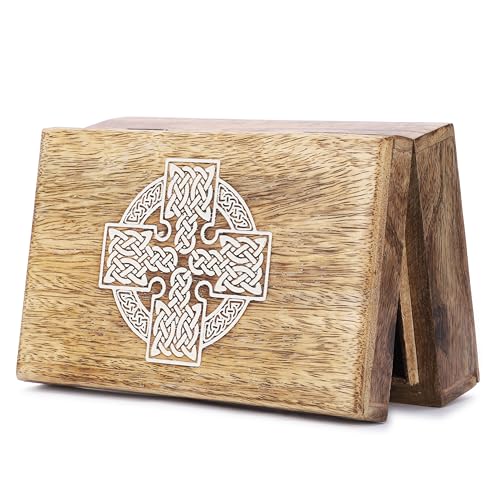 Ajuny Schmuckkästchen aus Holz – Handgefertigte Schmuckschatulle mit Keltischem Kreuz, Vintage Design, Schmuckaufbewahrung für Damen, Geschenkbox Deko Truhe – 8x5 Zoll