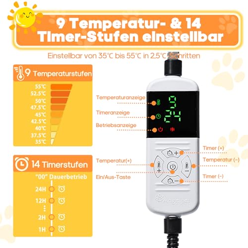 Angelpet Haustier Heizkissen L 45×70 cm – Elektrische Heizdecke für Hunde & Katzen, 9 Temperaturstufen (35–55 ℃) & 14 Timer (0–12H / 24H), Heizmatte mit bissfestem 1,8 m Kabel, 2 waschbare Bezüge