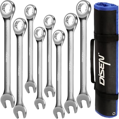 DISEN 8pcs Large Ratcheting Wrench Set | Metric and SAE Combination Wrench Set |Nickel Plating with Rolling Pouch | 24,27,30,32mm & 1'',1-1/16'',1-1/8'',1-1/4''| CR-V Steel, Sliver