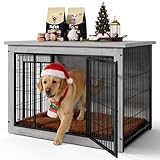 Dog Crate Furniture with Thick Cushion, Side End Table Wooden Dog Cage with Double Doors, Chew-Resistant Dog Kennel Dog House Indoor for Small to Large Dog