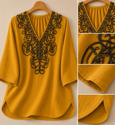 Image of RIEKA Womens Tunic Top with Floral Embroidery V Neck 3 /4 Sleeve Relaxed Fit Casual Ethnic Fusion Top Lightweight Sheer Fabric Everyday Wear for Women