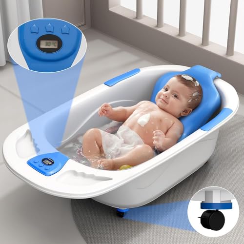 Image of StarAndDaisy Baby Bath Tub for 0 to 5 Years /Bath Tub for Kids 0-3 Years /Infants Bathtub with Temperature Censor & Baby Bath Seat /Sling, Antislip Kids Bath Tub with Bath Chair -White Blue
