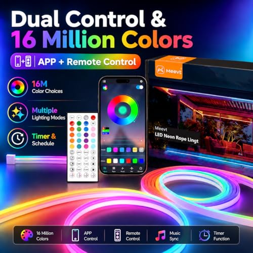 Image of 49.2Ft RGB Neon Rope Lights, 1080 LEDs 24V Side-Emitting LED Strip Lights with App and Remote Control, 360 Bendable Flexible Strip Lights with Music Sync for Bedroom, Ceiling, Living Room