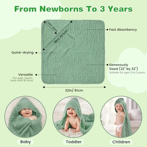 Image of Hooded Baby Bath Towels for Newborn, 2 Pack - 6-Layer 100% Muslin Cotton, Soft Absorbent Baby Towels with Hood for Babies, Infants & Toddlers, Large 32x32 Inch Unisex Newborn Baby Bath Essentials
