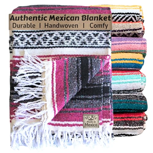 Del Mex Classic Mexican Blanket, Large Authentic Woven Falsa Throw (70"x50"), Artisan Southwest Décor for Beach, Yoga, Outdoors (Hot Pink/Fuchsia)