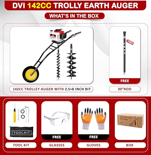 Image of DVI 142CC Trolley Earth Auger Machine, 4-Stroke Petrol Engine - with 2.5 Inch + 8 Inch Double Spiral Planter Bits & Free Extension Rod | for Plantation, Fencing & Post Hole Digging in All Soil Types.