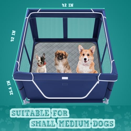 Image of XVISHX 42x42 Inches Puppy Playpen with Dog Pads, Dog Playpen for Puppies or Small Dogs, Pet Playpen for Indoor & Outdoor, Sturdy Safety DogPen with Thickened Fabric, High-Strength Nylon Wire Mesh