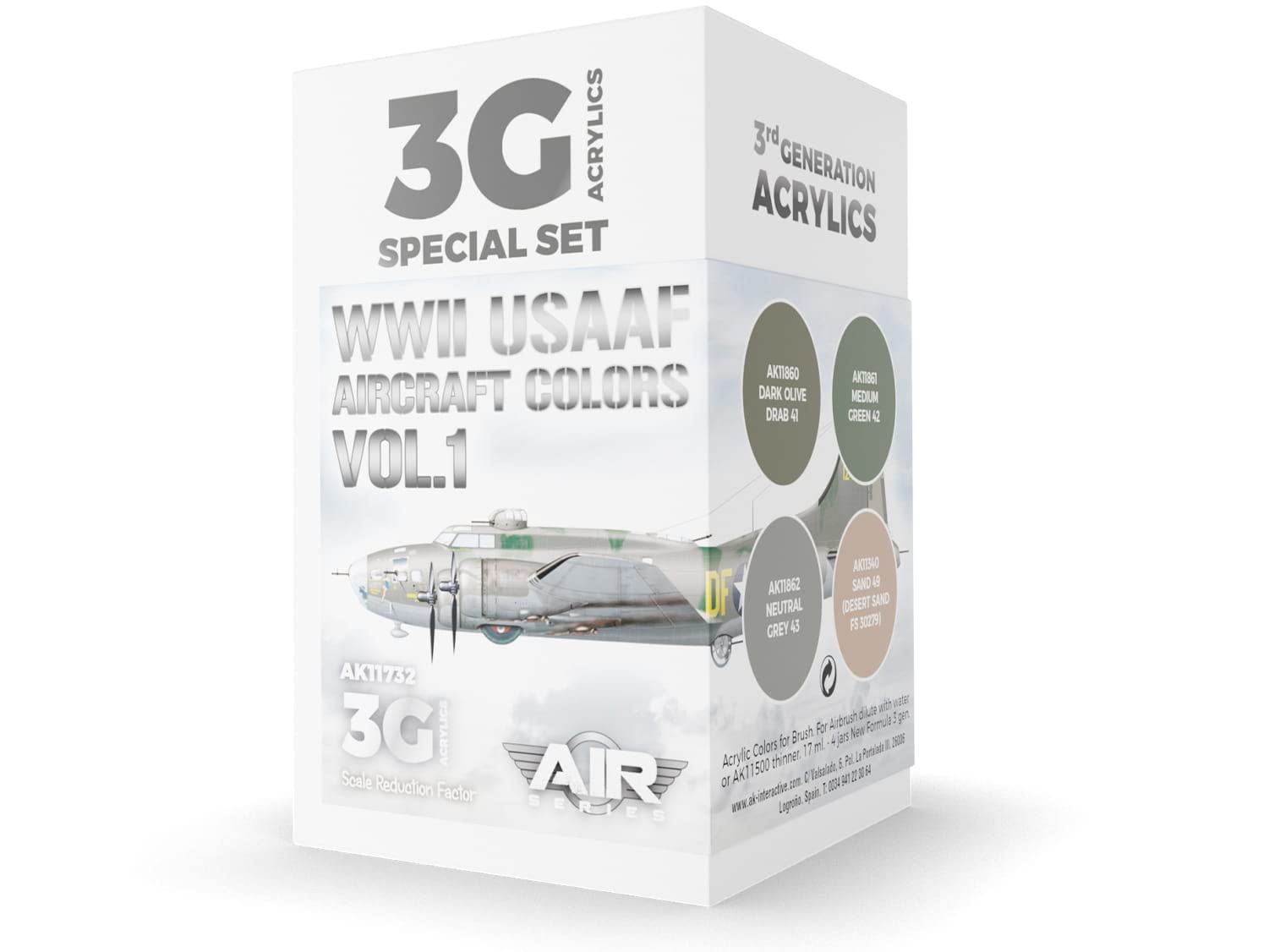Ak Interactive Green,Grey Ak Acrylics 3Gen Aircraft Set Ak11732 Wwii Usaaf Aircraft Colors Vol.1 Set 3G (4X17ml)
