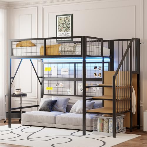 Litera Cama Loft 90x200 Negro Habitación Juvenil Completa mit Iluminación Inteligente y Peldaños Estructura de Metal in Hierro con Ropero Integrado Multifuncional para Jóvenes y Adultos