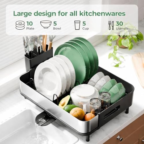 Image of Favria Dish Drying Rack - Space-Saving Dish Rack for Kitchen Counter, Anti Rust Kitchen Drying Rack, Compact Dish Drainer Organizer with Utensils Holder (47 x 32 x 16 cm) (Stainless Steel Black)