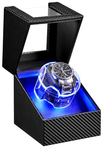 ANWBROAD Watch Winder for Automatic Watches, 4 Modes Automatic Single Watch Winder with Next Gen LED Crystal Design, Rotating Watch Case with Super Quiet Motor, Type-c Adapter or Battery Powered