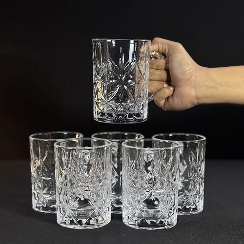 Image of Melbify Beer Mug | 400 ml | Set of 6 | Elegant Cut & Textured Handle Design | Mug with Handle | Classic Beer Glasses | Premium | Heavy | Perfect for Beer, Cider,Cocktails,Mocktails | Gift Set