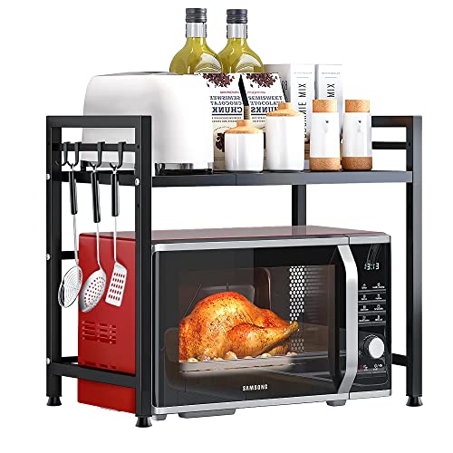 NETEL Support Extensible Four à Micro-Ondes à Charge Lourde,Support d'étagère de Cuisine Four à Micro-Ondes à Hauteur Meuble réglable avec 8 Crochets Suspendus Organisateur de Rangement Noir