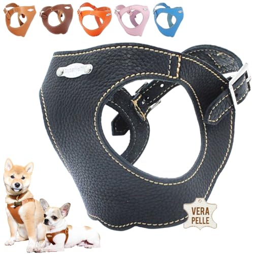 PUPAKIOTTI Pettorina Cane Taglia Piccola e Media | Pettorina per Cani in Pelle, Ergonomica e Regolabile, disponibile in Diverse Colorazioni (M-L, Nero)