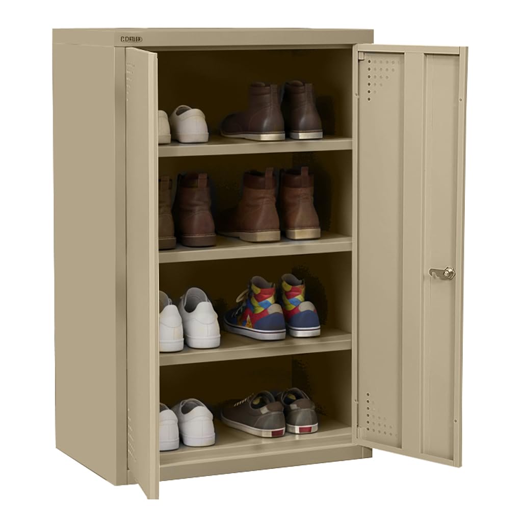 – RIGID Steel Shoe Rack with Doors | 3 Shelves Storage Cabinet with Ventilation Holes | Pre- Assembled, Round Cam Lock with 2 Keys | Shoe Storage Unit - Home, Office, Living Room (90H * 60W * 40D) Beige