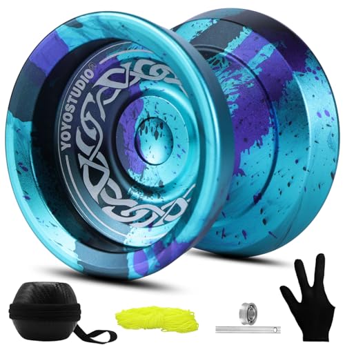 YOYOSTUDIO F25 Professional Metal Yoyo - Responsive/Unresponsive Finger Spin Yoyo for Kids 8-12 & Adults with Complete Starter Kit, 10 Strings, Case & Glove - Cyan Black Purple