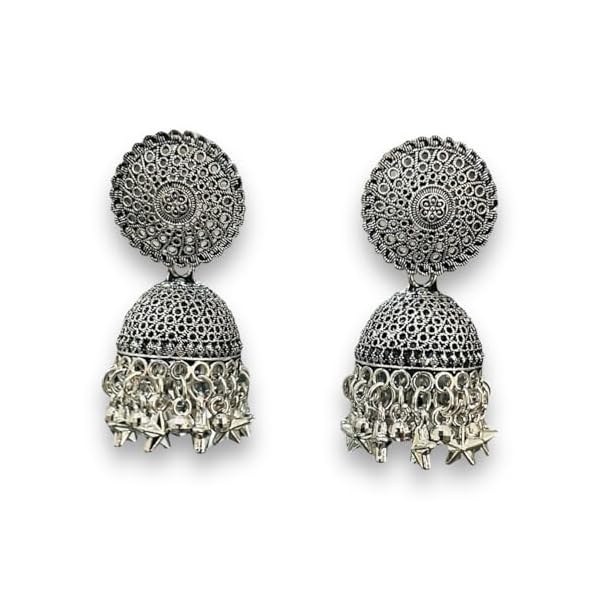 Stylish Oxidized Star Drop Silver Jhumka Earrings with Turquoise Beads & Dangles for Women