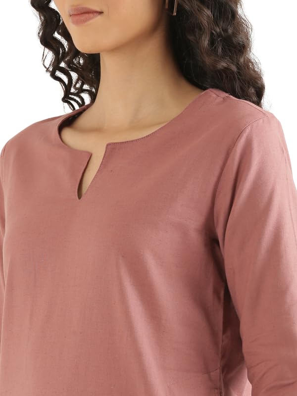 Image of SAADAA Airy Linen Mid Thigh Length Kurta for Women | Stylish Split Neck, 3 /4 Sleeves & Side Pockets | Comfortable Everyday Wear Kurta | Breathable Fabric |