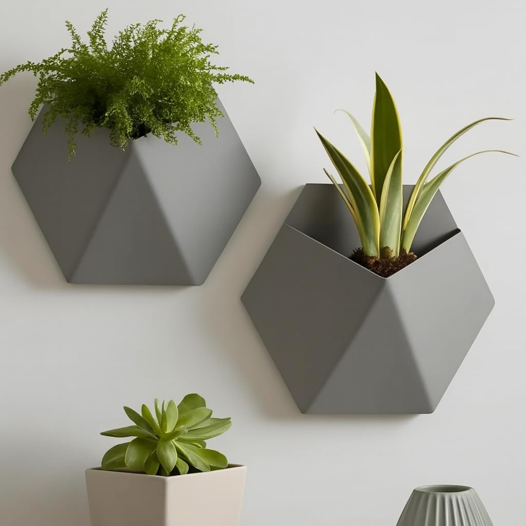 Wall-Mounted Geometric Plant Pot – Modern Indoor/Outdoor Planter (2, Matt Nardo Grey)