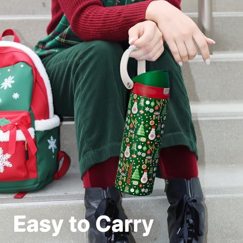 Image of Christmas Insulated Water Bottle with Straw - Leak Proof Stainless Steel Water Bottle for School, Travel, Keeps Cold All Day, One-Touch Flip Lid, Holiday Gifts For Women Men, 24 oz, Frosty Forest
