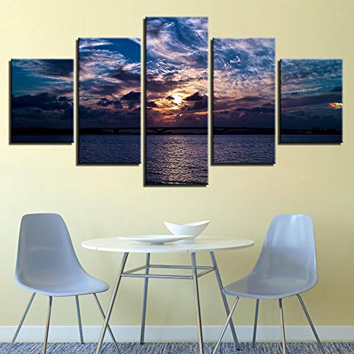 Cuadros de salon modernos de 5 piezas con olas de atardecer para decoracion de pared de hogar 4