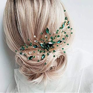 Anglacesmade Bridal Green Crystal Hair Comb Emerald Hair Vine Malachite Green Wedding Headpiece Prom Party Festival Hair Accessories for Women and Girls (Gold)