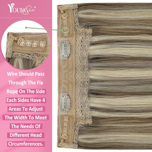 Image of YoungSee Wire Hair Extensions Highlight Invisible Wire Hair Extensions Real Human Hair Highlights Light Brown with Platinum Blonde Fish Line Hair Extension for Short Hair 75G 12Inch