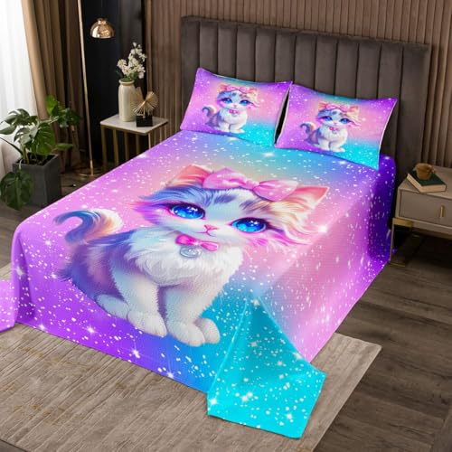 Homemissing Cat Tagesdecke 170x210cm Cute Kitten Bettüberwurf Glitter RainSchleifen Wohndecke Cats Drucken Bettdecke Stepp Decke Steppdecke
