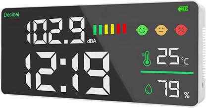 Generic Digital Sound Level Meter with Temperature and Humidity Display, Led Screen, Noise Indicator Lights for Classrooms