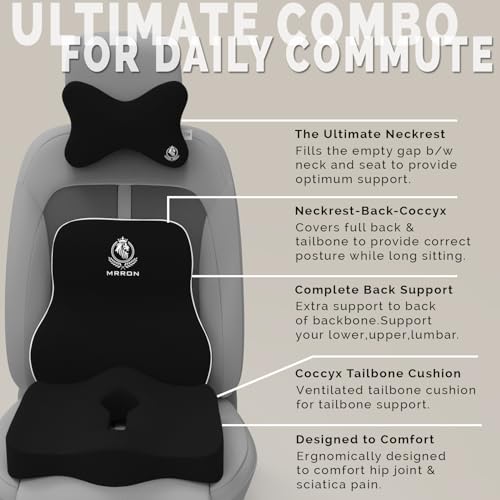 Image of MRRON Memory Foam Car Seat Cushion Combo - Backrest, Coccyx Cushion & Neckrest - Orthopedic Support for Back, Sciatica & Neck Pain - Ergonomic Comfort for Car, Office. (Black, Long Back)