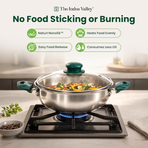 Image of The Indus Valley Triply Stainless Steel Cookware Set of 4 | Kadai 20cm with Glass Lid, Fry Pan 18cm & Saucepan 14cm | 100% Toxin-Free | Faster Cooking | Induction Compatible