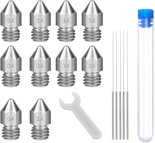 Lokkr 3D Printer Stainless Steel Extruder Nozzles Set, 10PCS Stainless Steel 0.4MM MK8 Nozzles, 5PCS 0.4MM Nozzles Cleaning Needles with Wrench for Makerbot Creality CR-10/Ender 3/3 V2/3 S1/5 Prusa i3